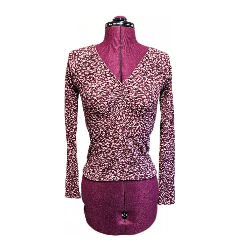 HOLLISTER Cinch Front V-Neck Top Burgundy Maroon Floral Y2K Long Sleeve Small S